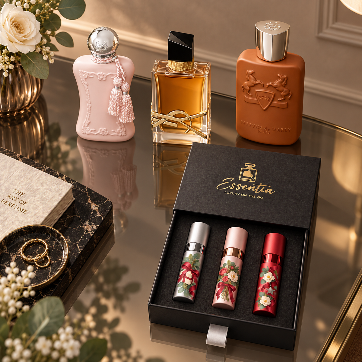 Essentia The Client Trio — For Her: 3 decorated 10ml atomizers (silver, pink, red) in a black gift box, with the corresponding full-size fragrance bottles behind.