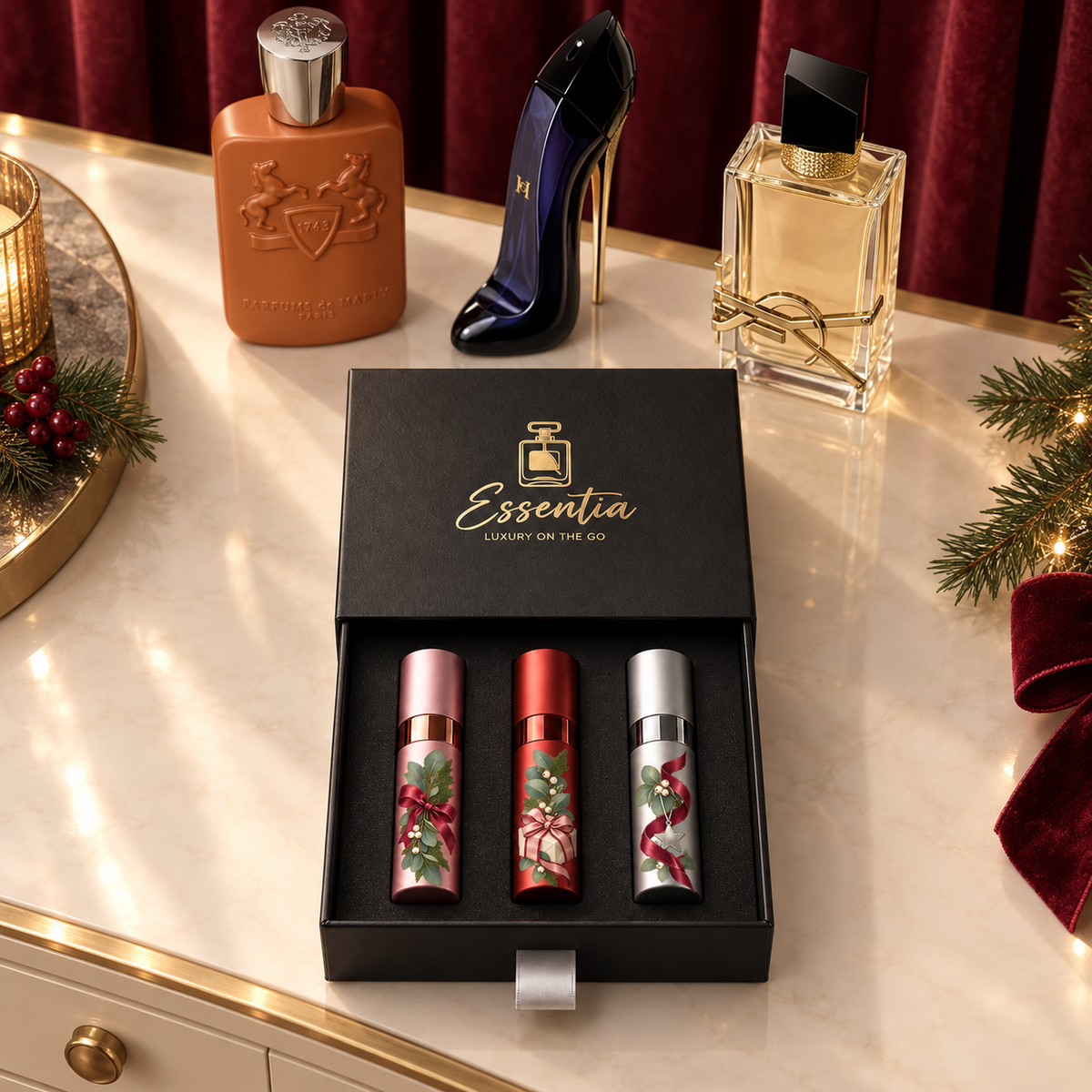 Essentia The Holiday Trio — For Her: 3 decorated 10ml atomizers (pink, red, silver) in a black gift box, with the corresponding full-size fragrance bottles behind.