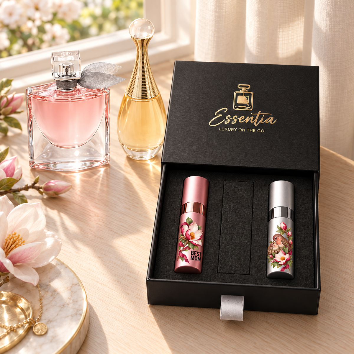 Essentia Mother's Day Set: decorated pink and silver 10ml atomizers in a black gift box, with La Vie Est Belle and J'adore bottles behind.