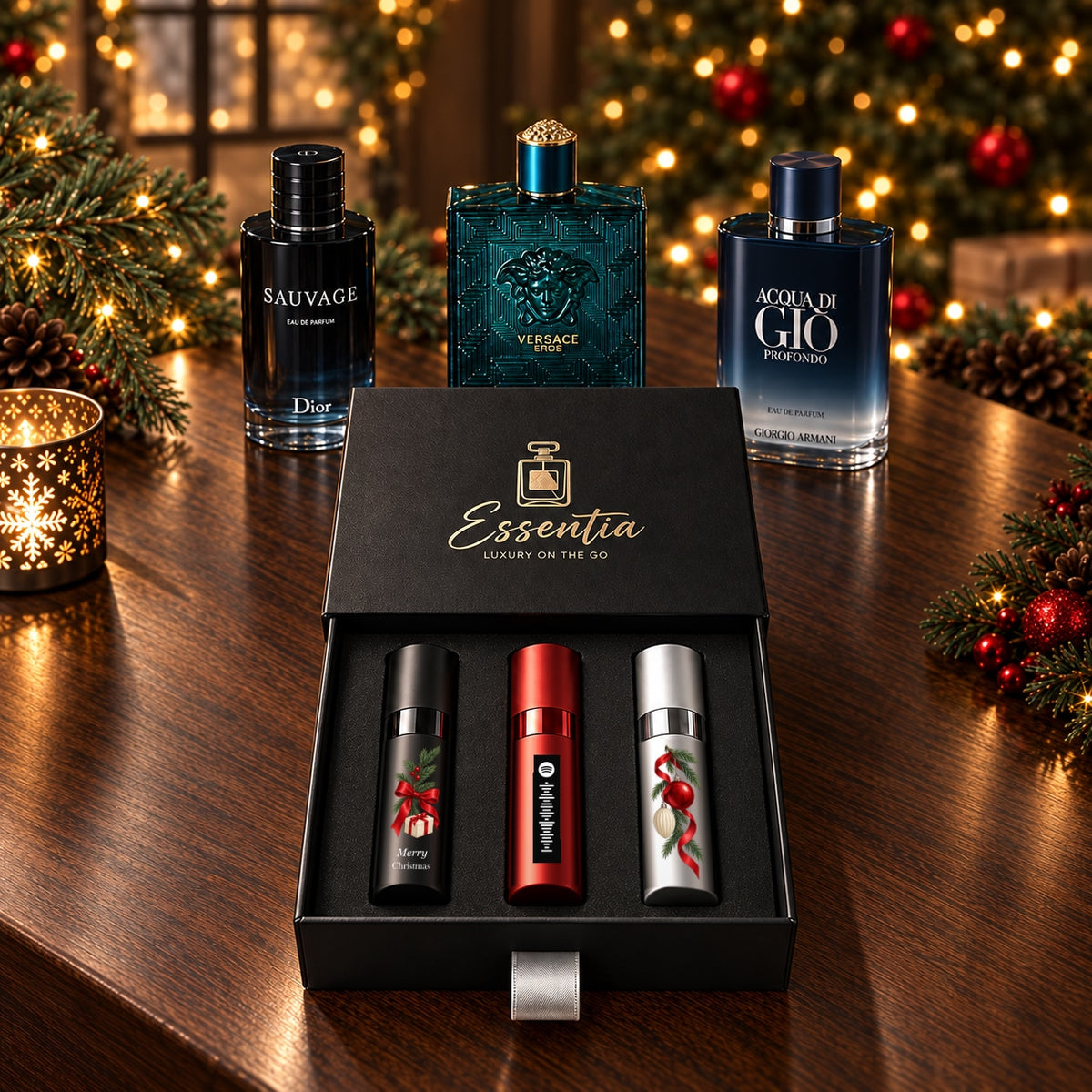 Christmas Fragrance Gift Set for Him — hero. Original white greeting artwork and centered Spotify-style motif.
