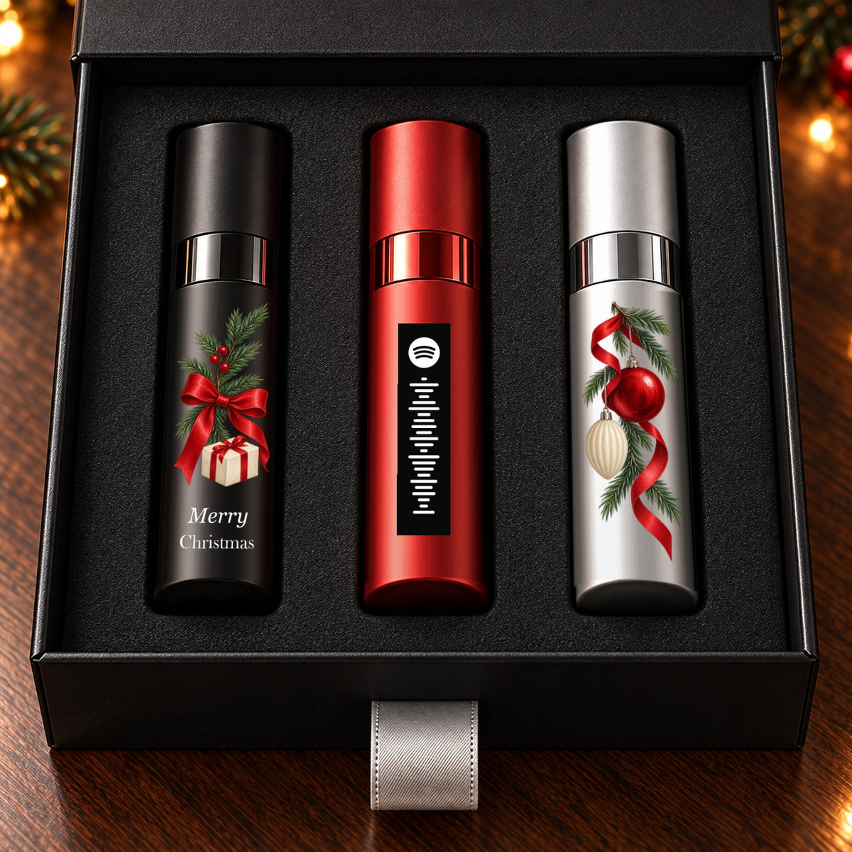 Christmas Fragrance Gift Set for Him — artwork detail. Original white greeting artwork and centered Spotify-style motif.