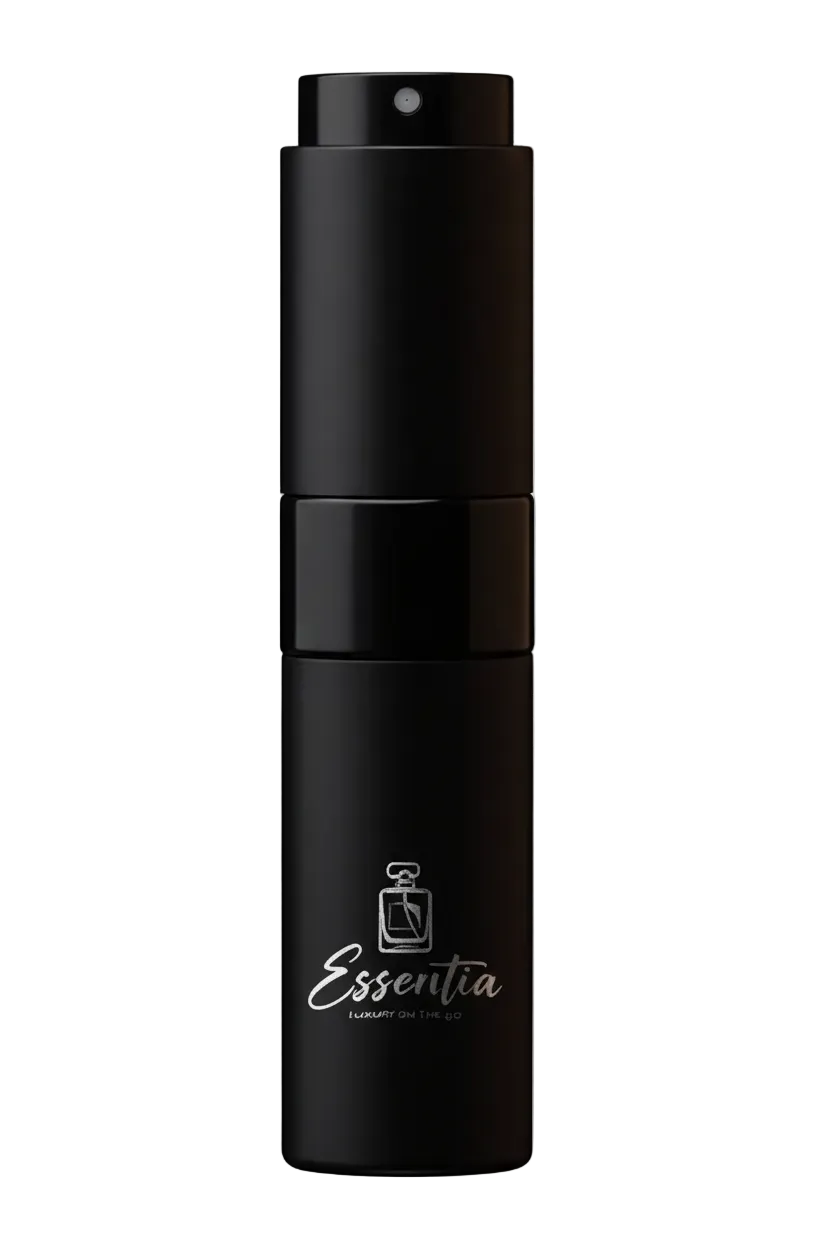 Black spray bottle labeled 'Essentia' on a white background