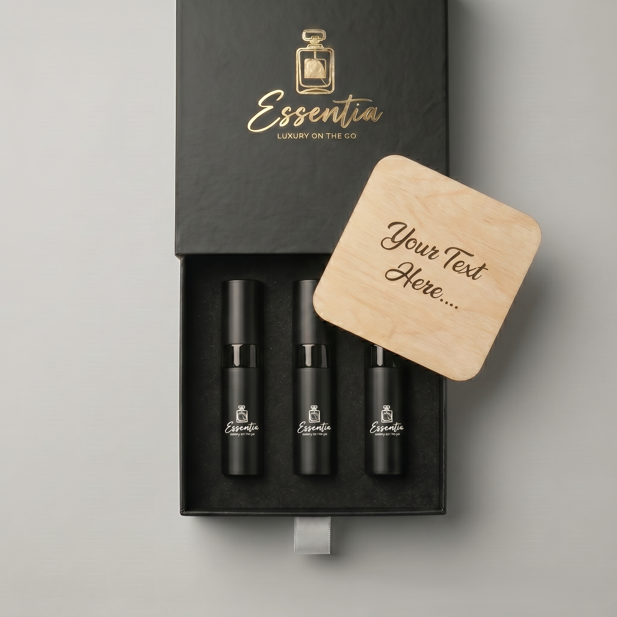 Essential luxury perfume set with customizable wooden tag on a gray background