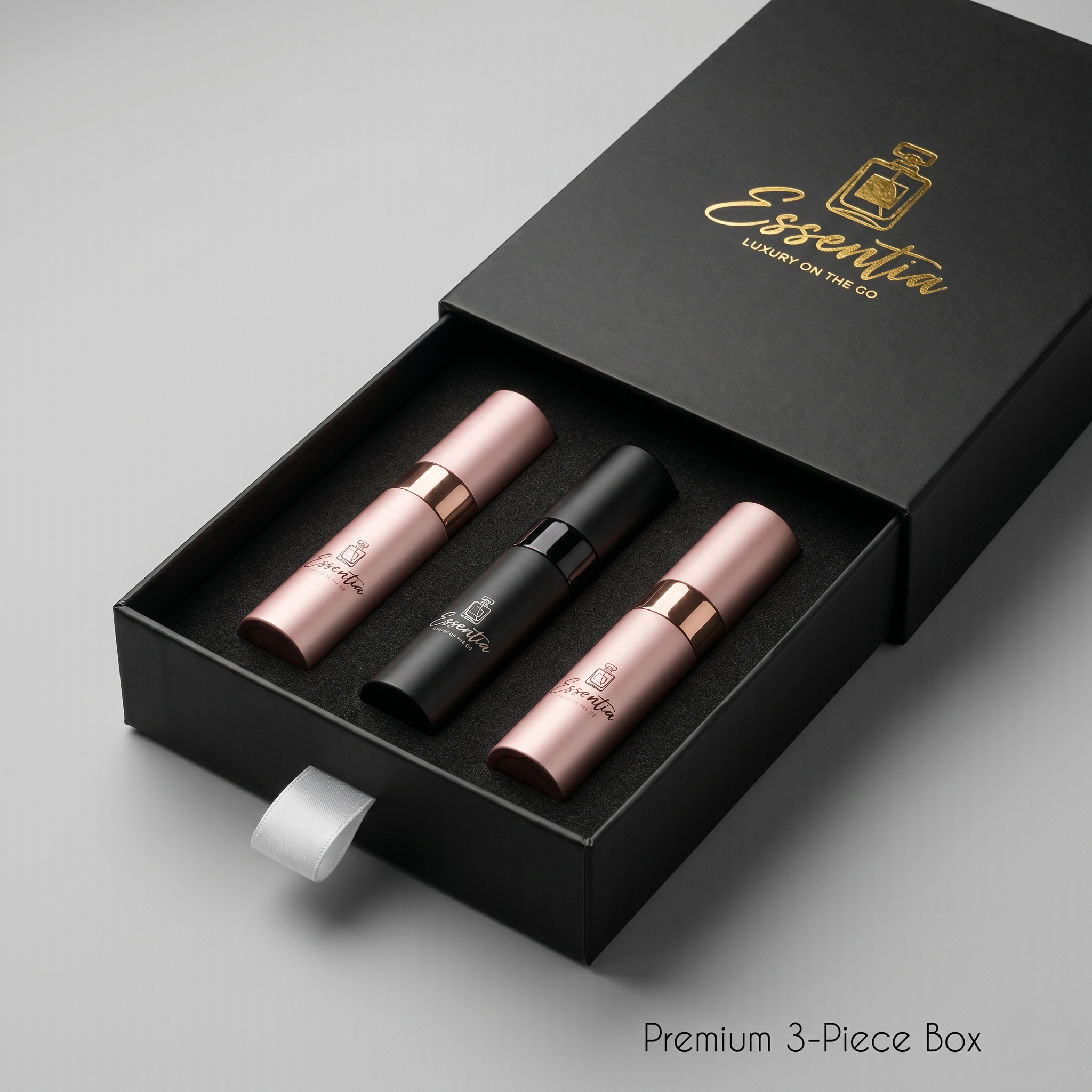 Three lip glosses in a black box with 'Essentia' branding on a gray background