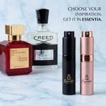 Perfume bottles and Essentia spray bottles on a light blue background with text 'Choose your inspiration. Get it in Essentia'.