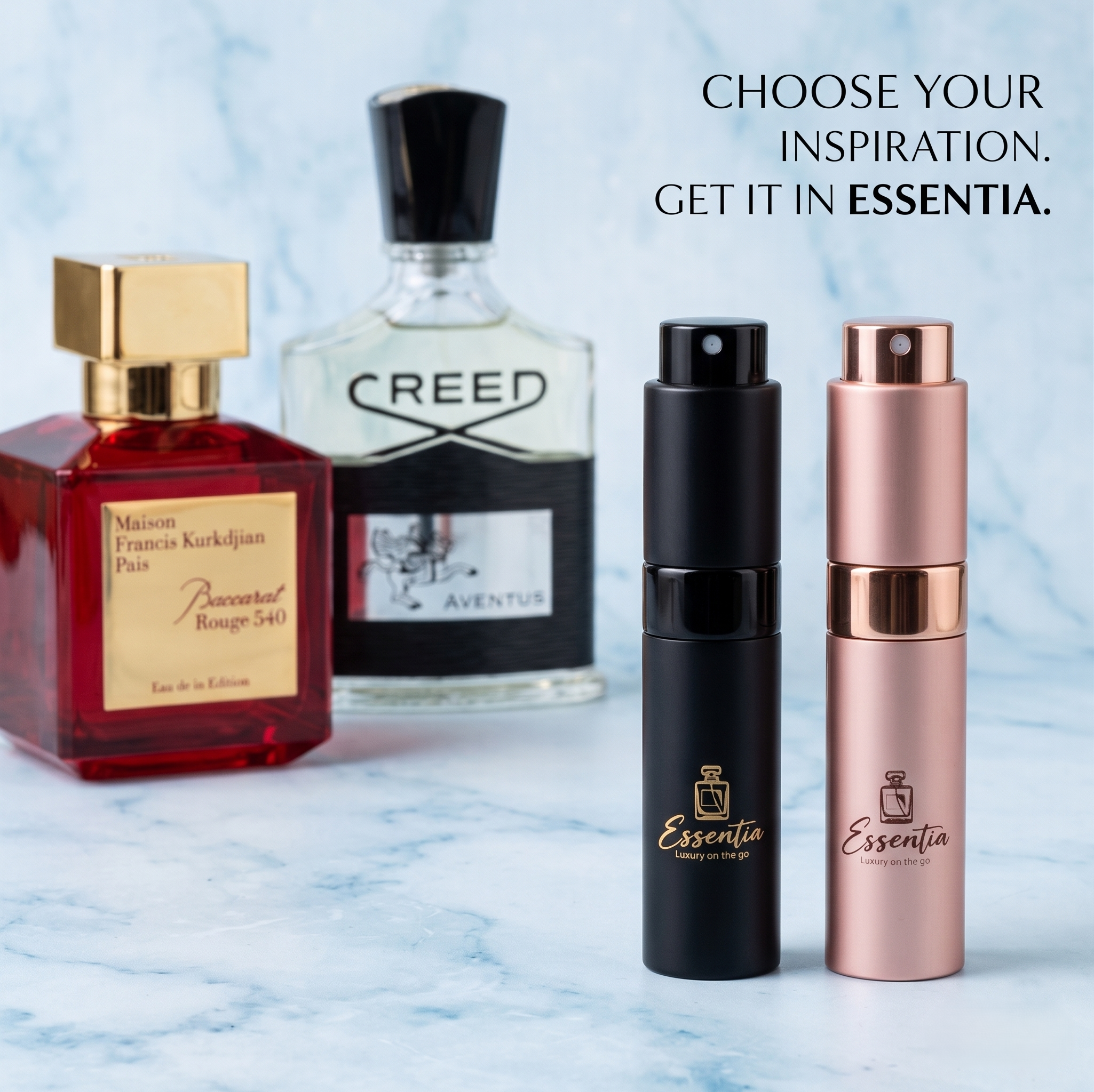 Perfume bottles and Essentia spray bottles on a light blue background with text 'Choose your inspiration. Get it in Essentia'.