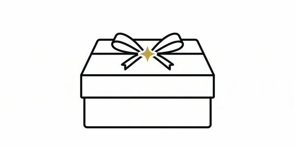 Black and white illustration of a gift box with a bow on a white background