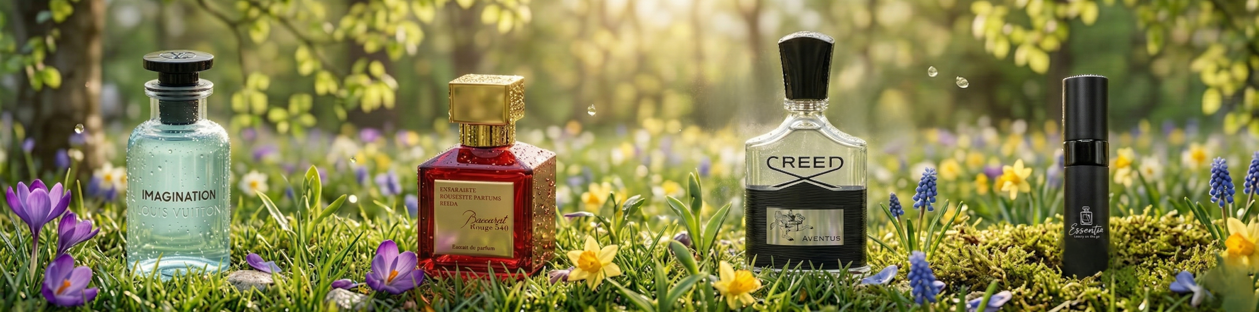 Collection of Creed perfume bottles on grass with flowers in the background