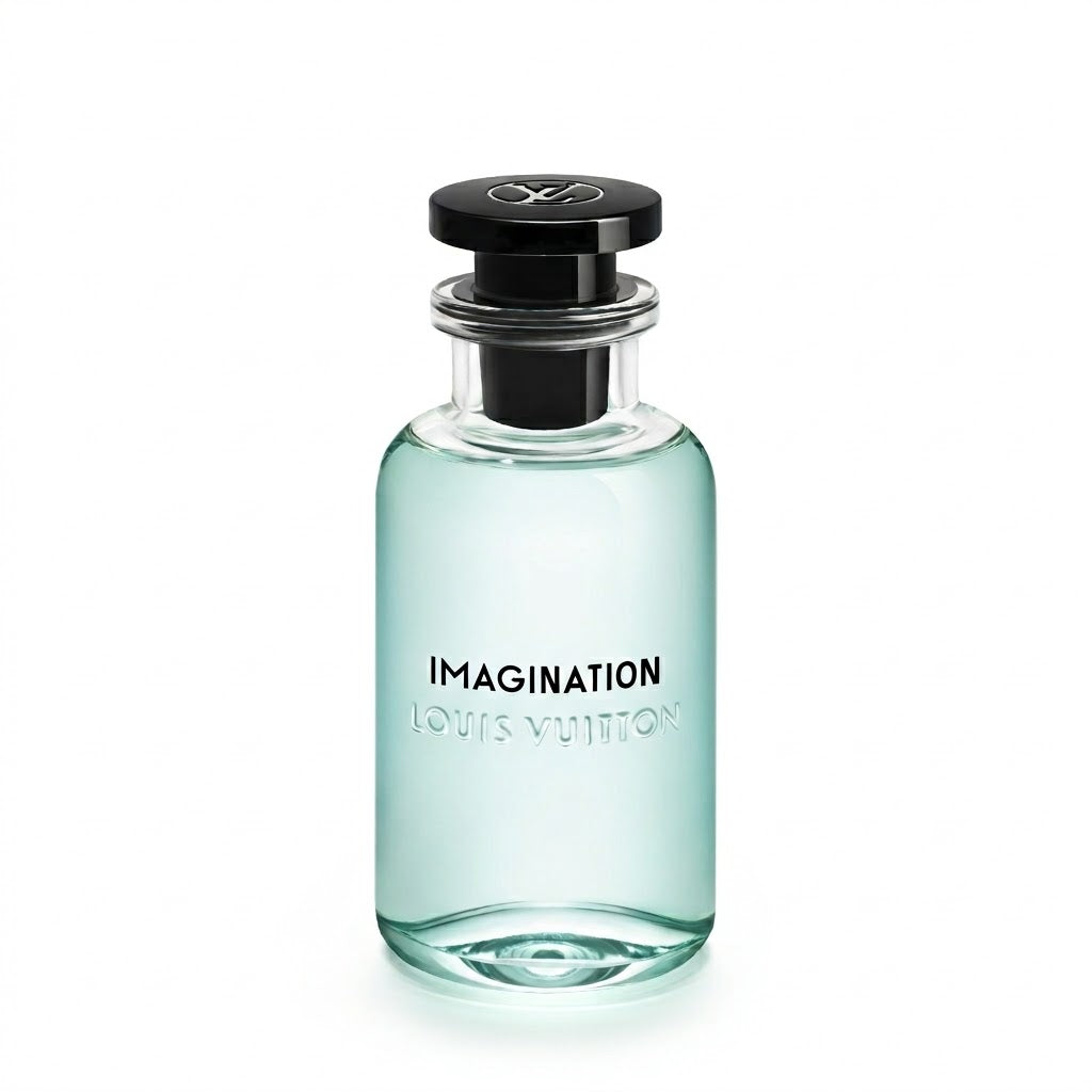 Perfume bottle labeled 'Imagination Louis Vuitton' on a white background
