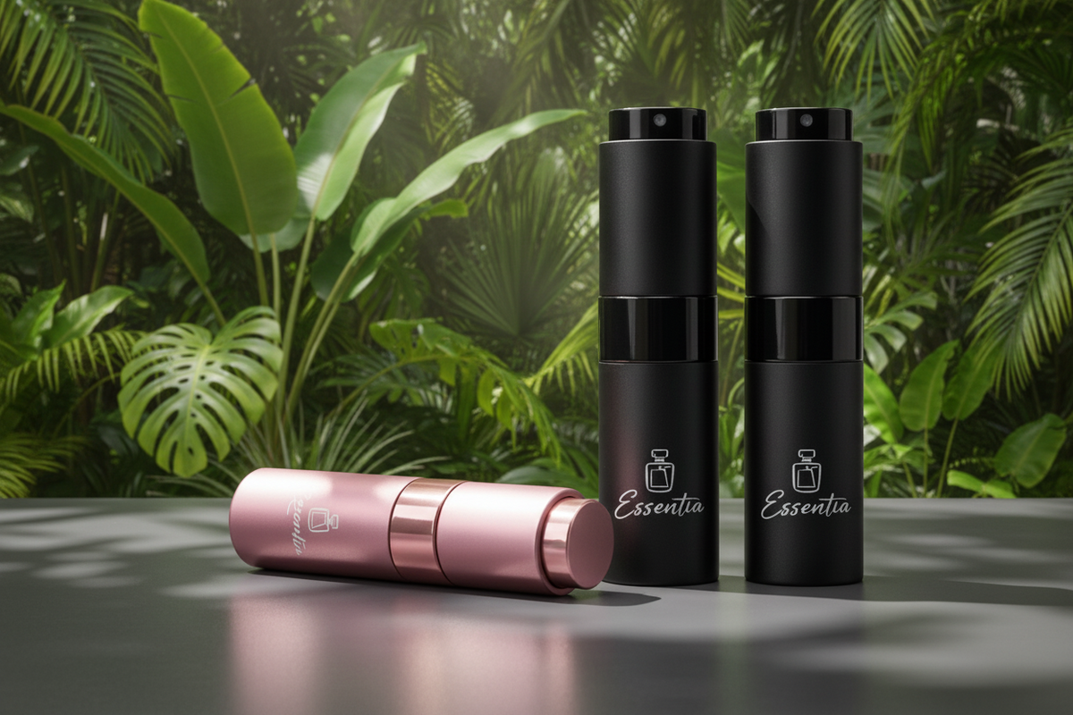 Two black 'Essentia' perfume bottles and a pink one on a dark surface with a blurred background.