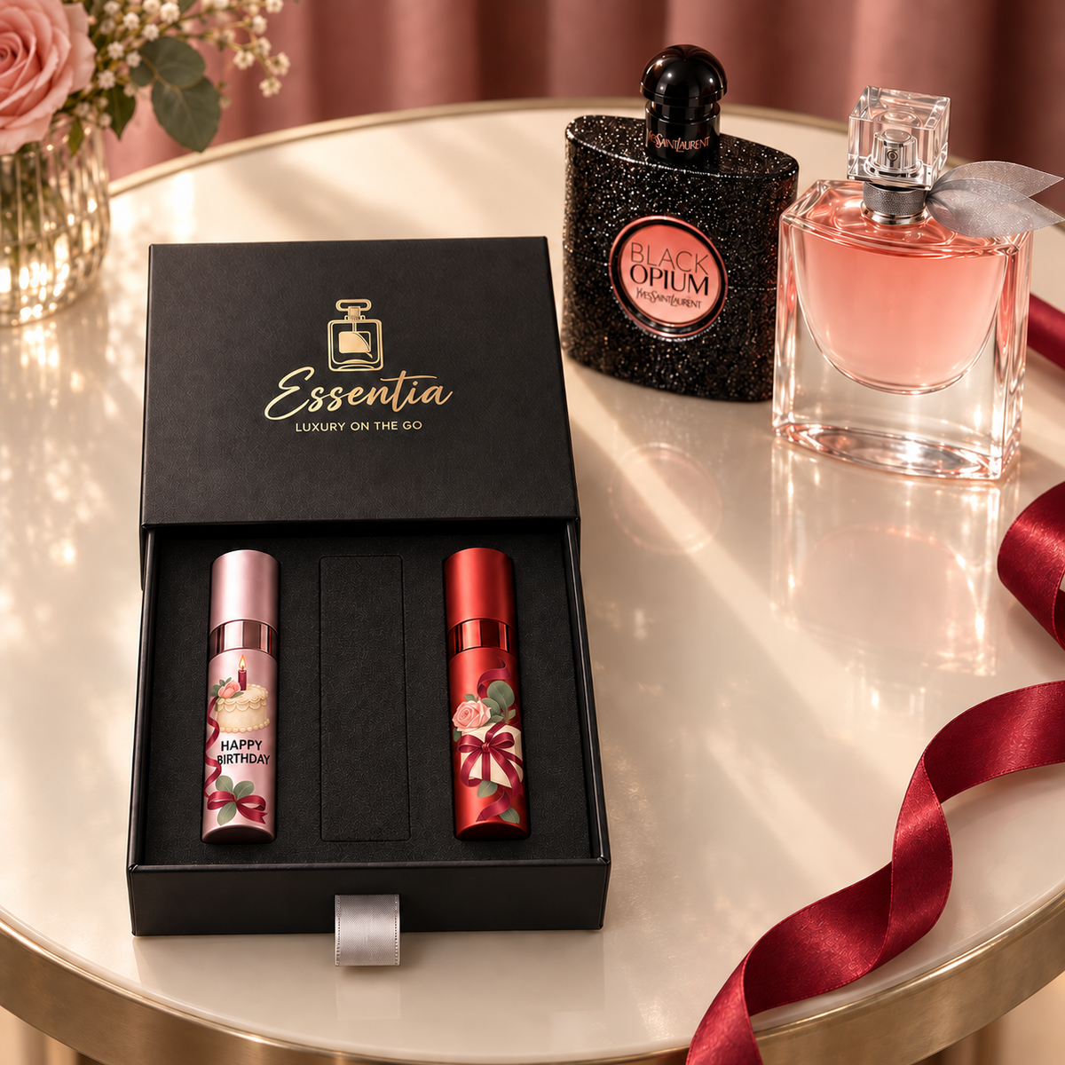 Essentia The Birthday Duo — For Her: 2 decorated 10ml atomizers (pink, red) in a black gift box, with the corresponding full-size fragrance bottles behind.