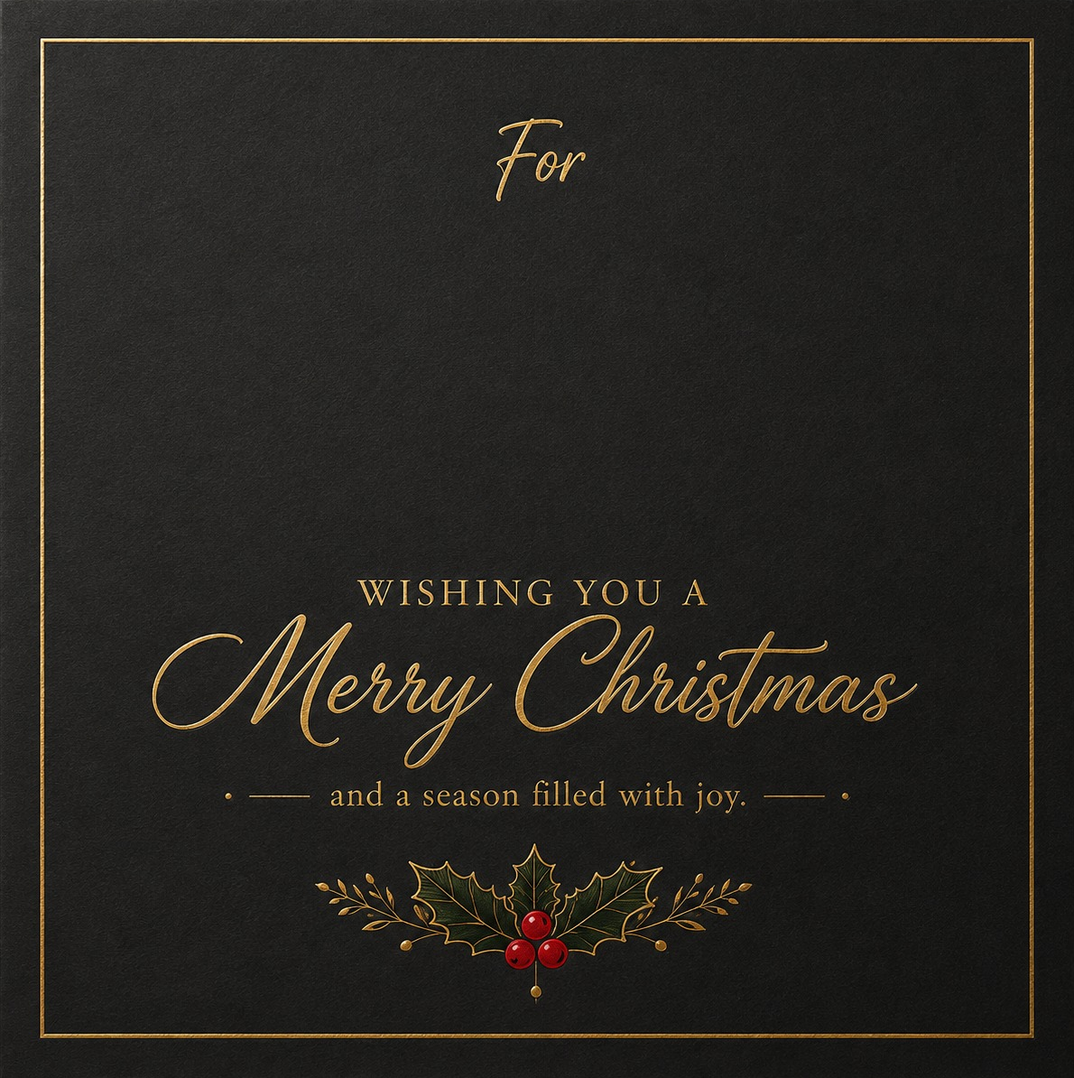 Black and gold Christmas card personalized with the recipient name