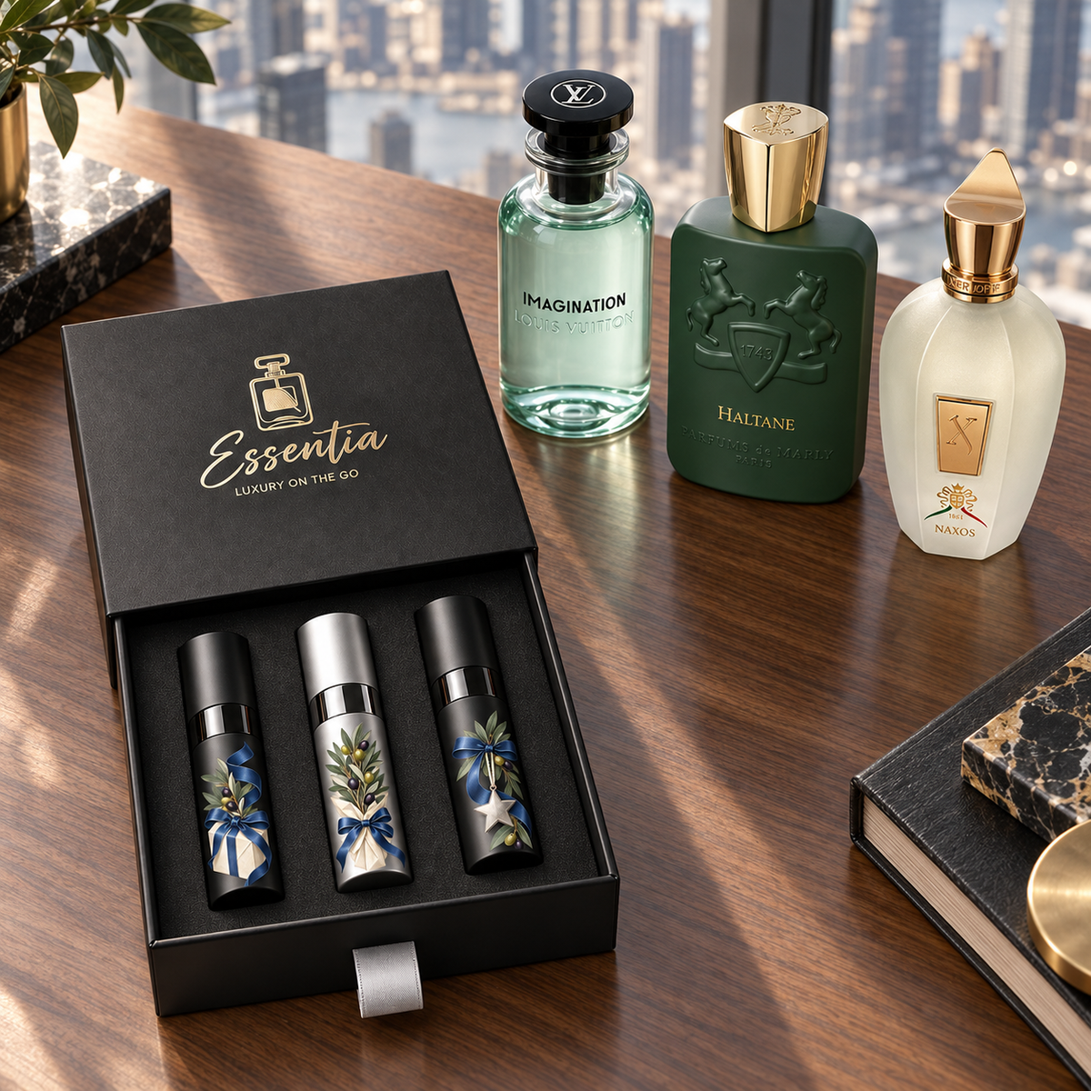 Essentia The Client Trio — For Him: 3 decorated 10ml atomizers (black, silver, black) in a black gift box, with the corresponding full-size fragrance bottles behind.