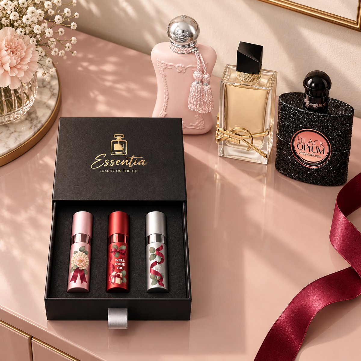 Essentia The Congrats Trio — For Her: 3 decorated 10ml atomizers (pink, red, silver) in a black gift box, with the corresponding full-size fragrance bottles behind.