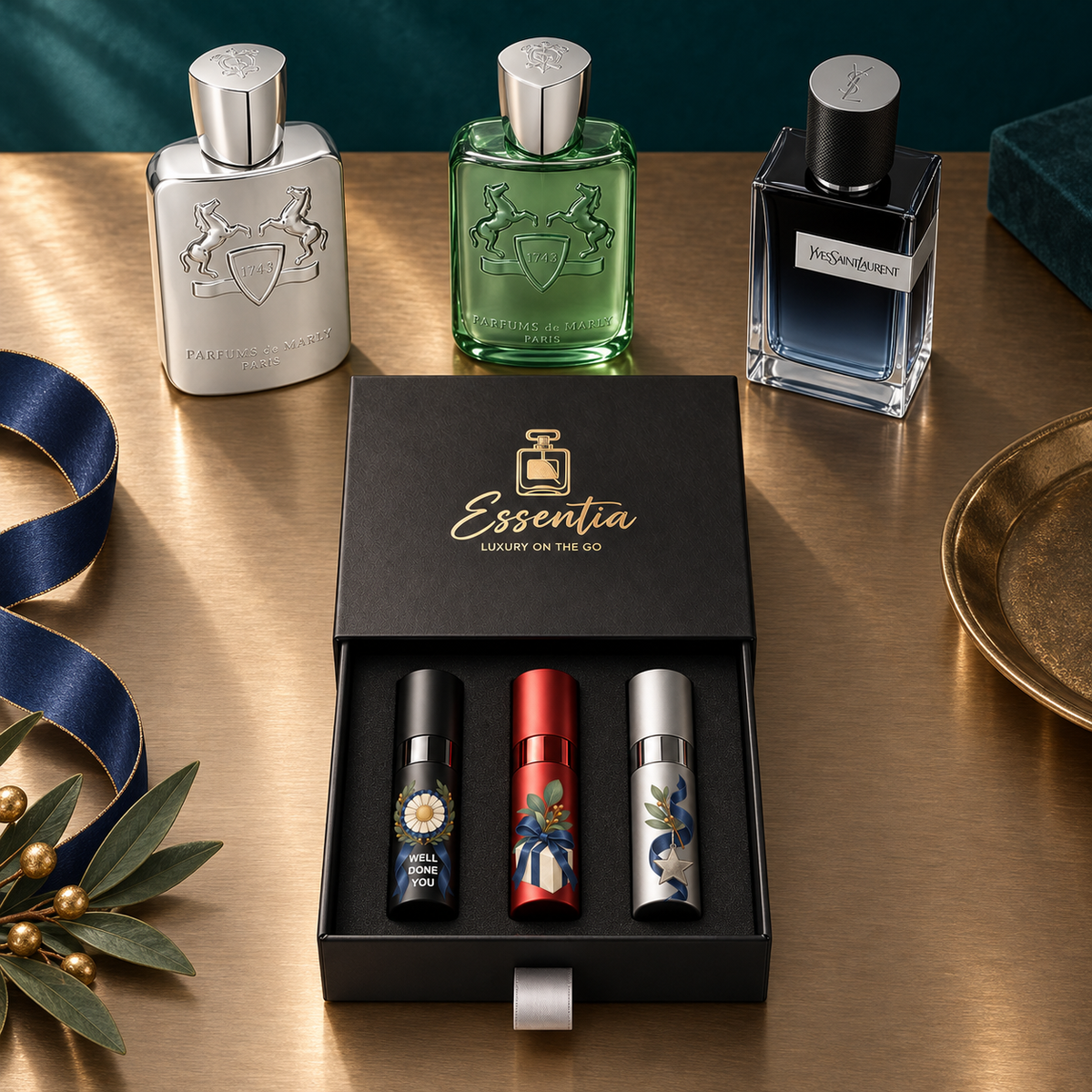 Essentia The Congrats Trio — For Him: 3 decorated 10ml atomizers (black, red, silver) in a black gift box, with the corresponding full-size fragrance bottles behind.