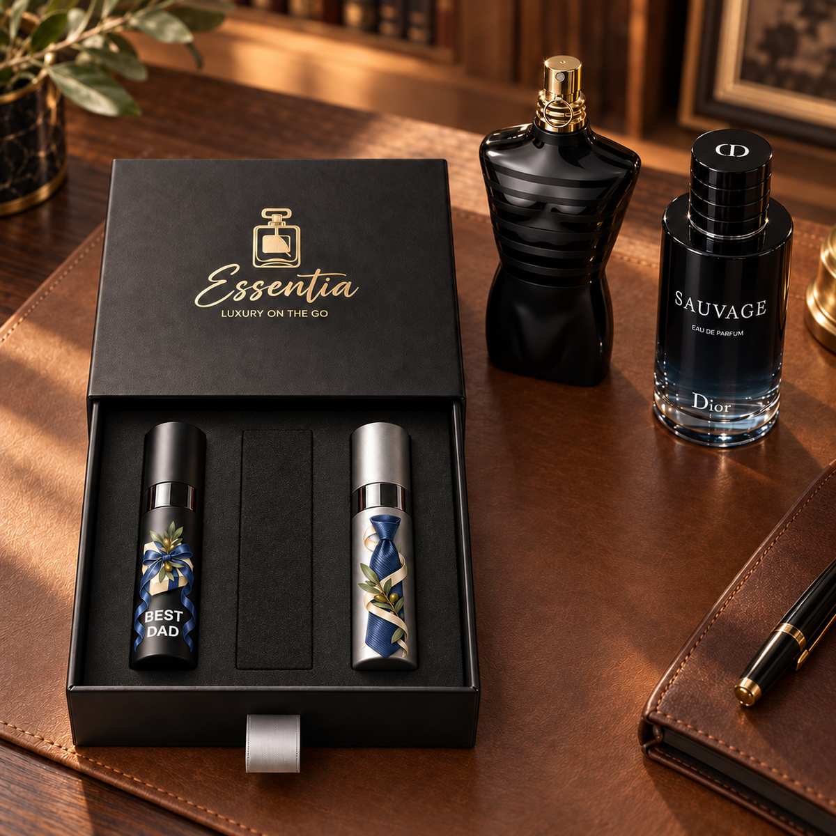 Essentia Father's Day Set: 2 decorated 10ml atomizers (black, silver) in a black gift box, with the corresponding full-size fragrance bottles behind.