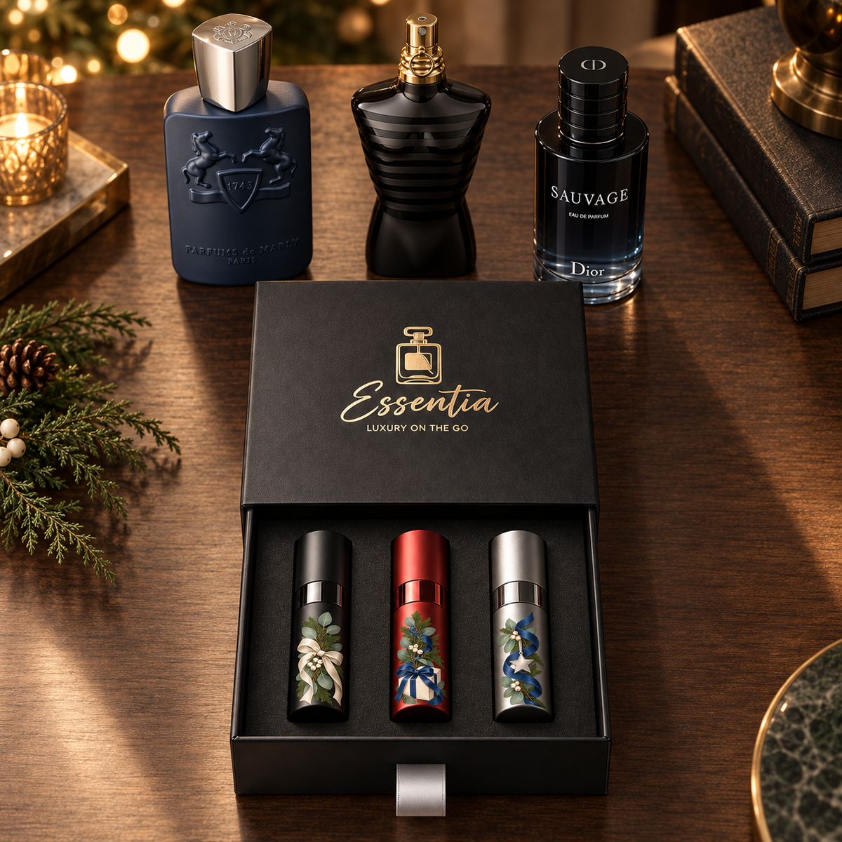 Essentia The Holiday Trio — For Him: 3 decorated 10ml atomizers (black, red, silver) in a black gift box, with the corresponding full-size fragrance bottles behind.