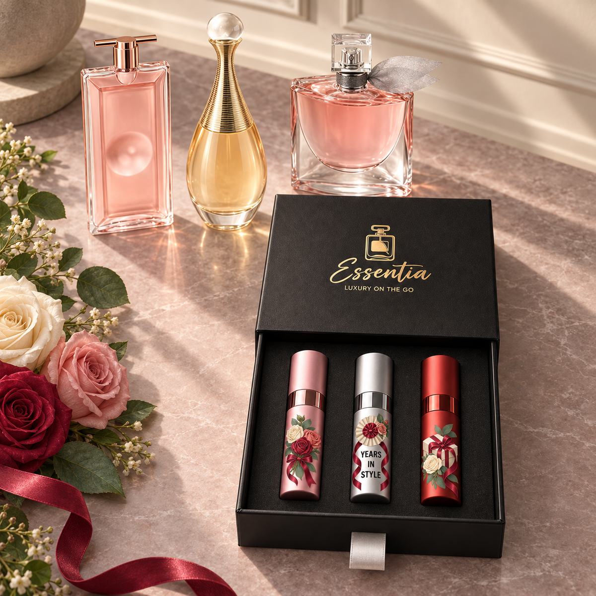 Essentia The Milestone Trio — For Her: 3 decorated 10ml atomizers (pink, silver, red) in a black gift box, with the corresponding full-size fragrance bottles behind.