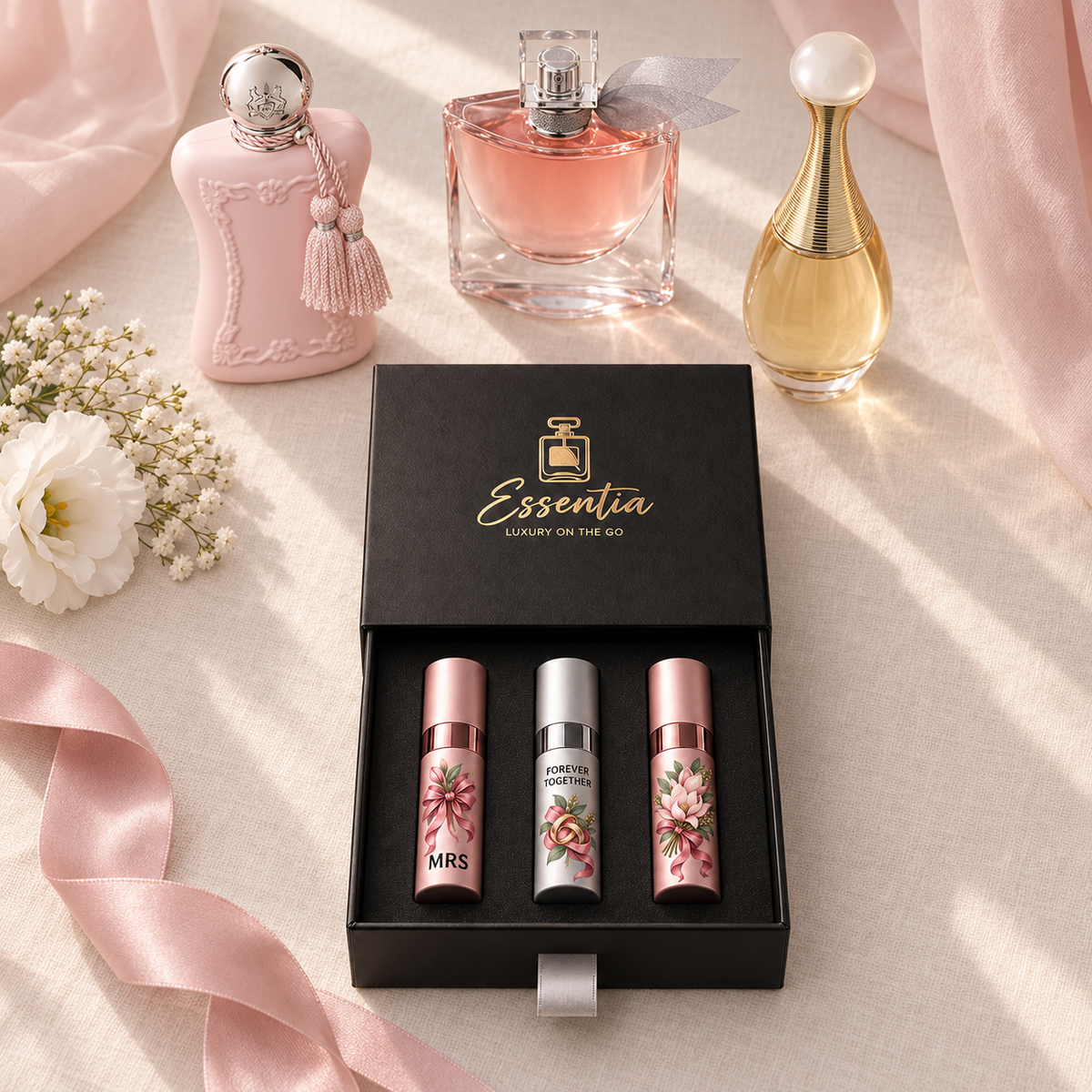 Essentia The Wedding Set — For Her: 3 decorated 10ml atomizers (pink, silver, pink) in a black gift box, with the corresponding full-size fragrance bottles behind.