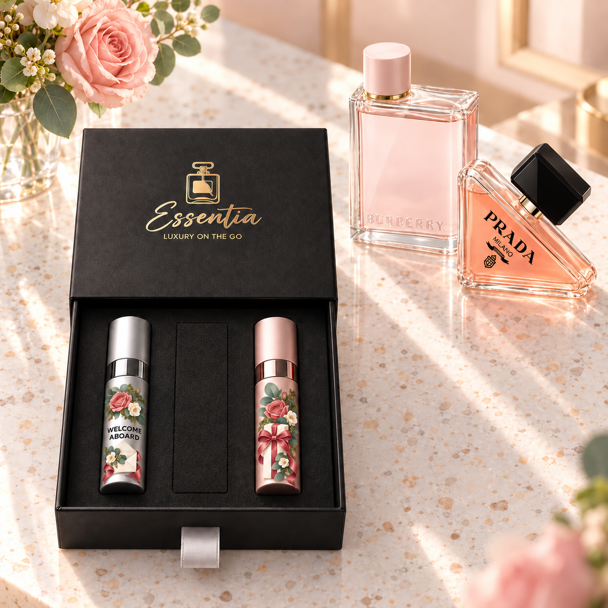 Essentia The Welcome Set — For Her: 2 decorated 10ml atomizers (silver, pink) in a black gift box, with the corresponding full-size fragrance bottles behind.