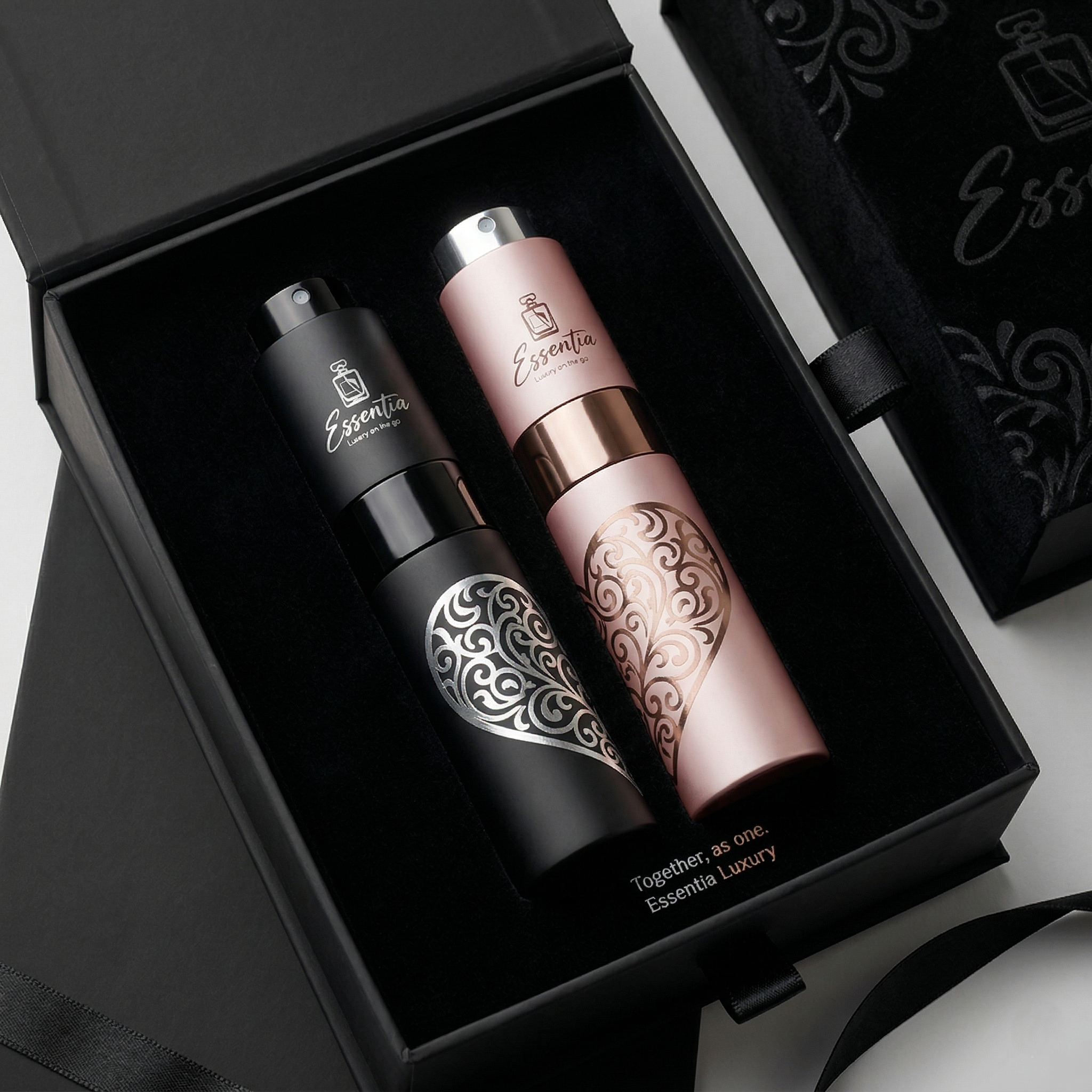 Two cosmetic bottles with intricate designs in a black box, featuring the brand 'Essentia'.