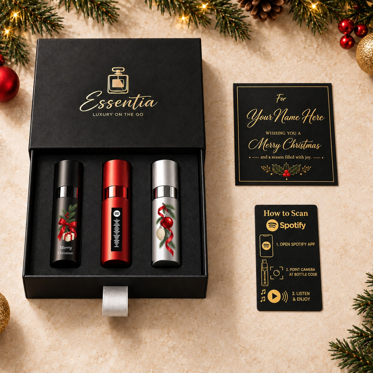 Christmas Fragrance Gift Set for Him — included contents. Original white greeting artwork and centered Spotify-style motif.