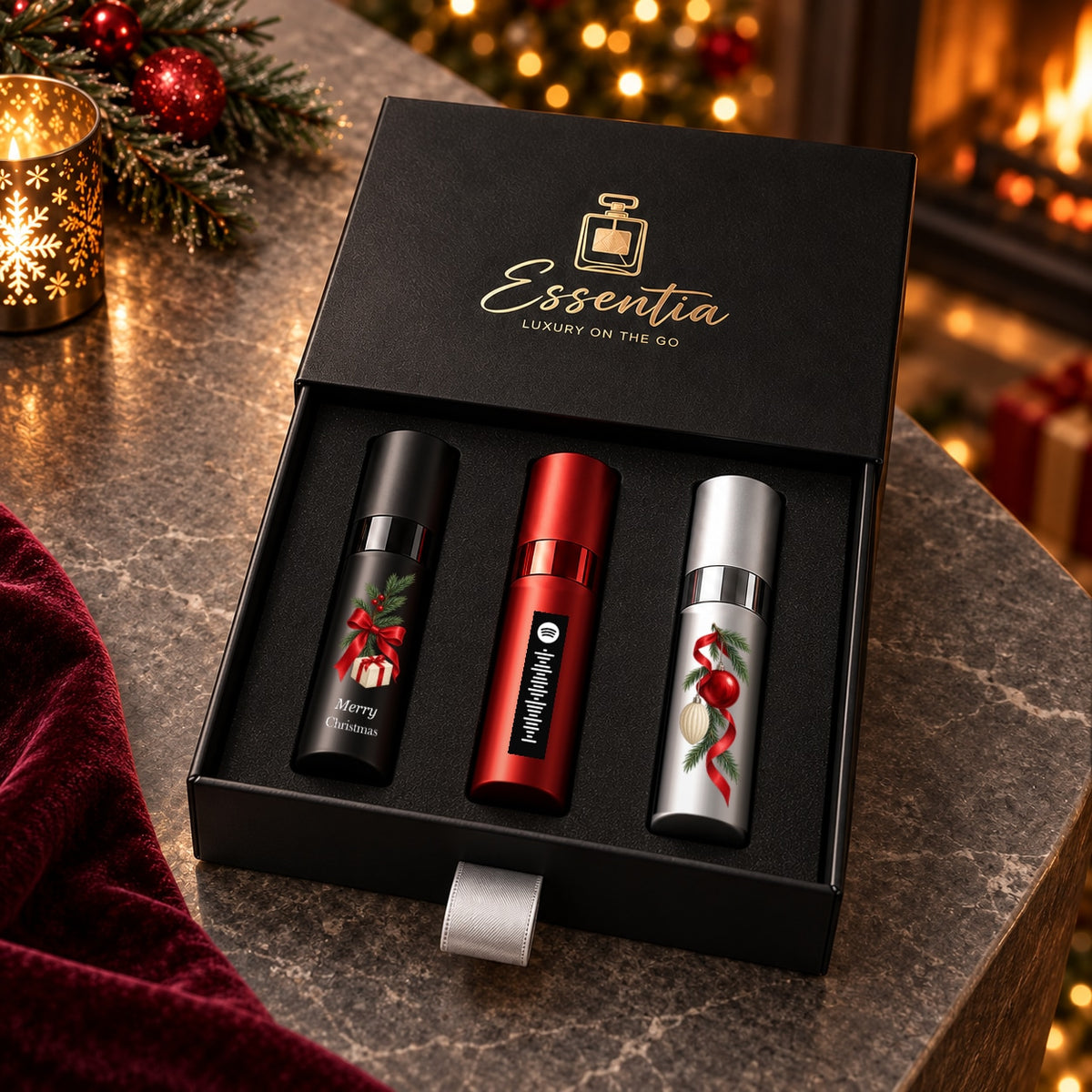 Christmas Fragrance Gift Set for Him — lifestyle. Original white greeting artwork and centered Spotify-style motif.