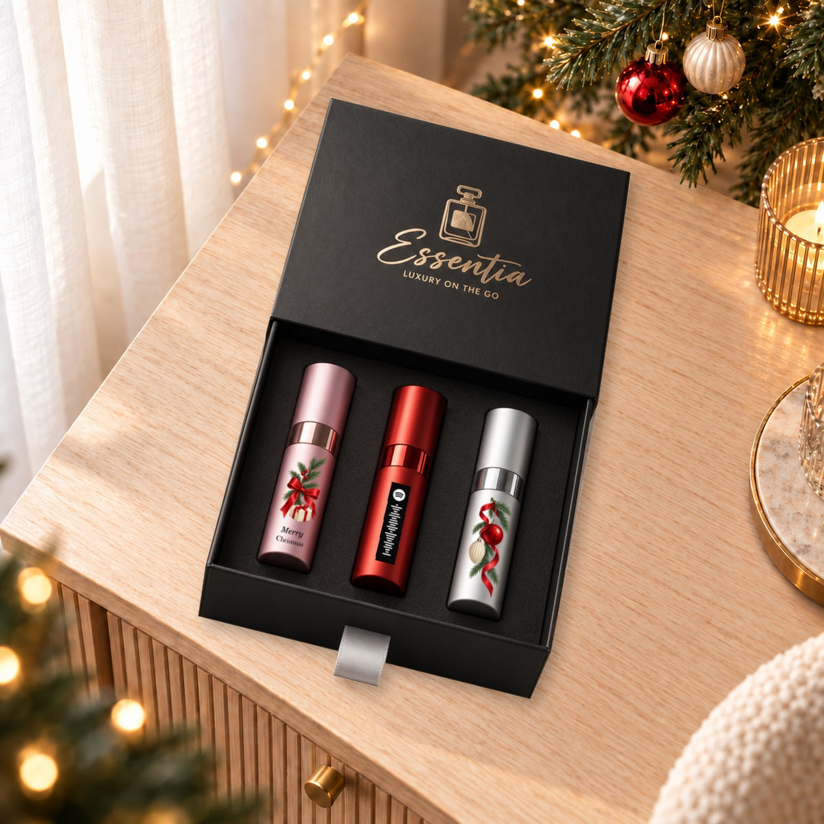 Christmas Fragrance Gift Set for Her — lifestyle. Pink, red and silver atomizers with Christmas artwork in the Essentia gift box.