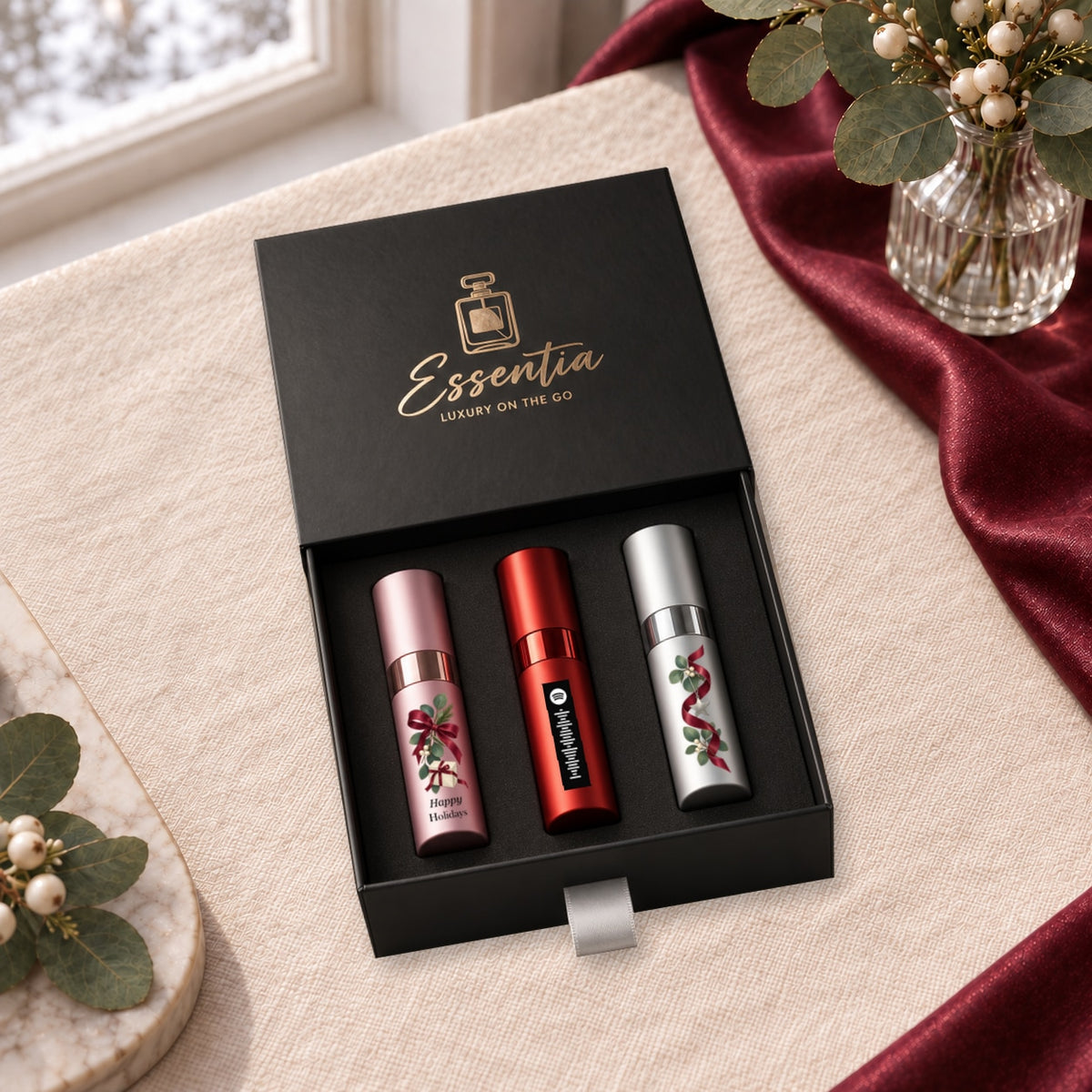 Happy Holidays Fragrance Gift Set for Her — lifestyle. Pink, red and silver atomizers with festive artwork in the Essentia gift box.