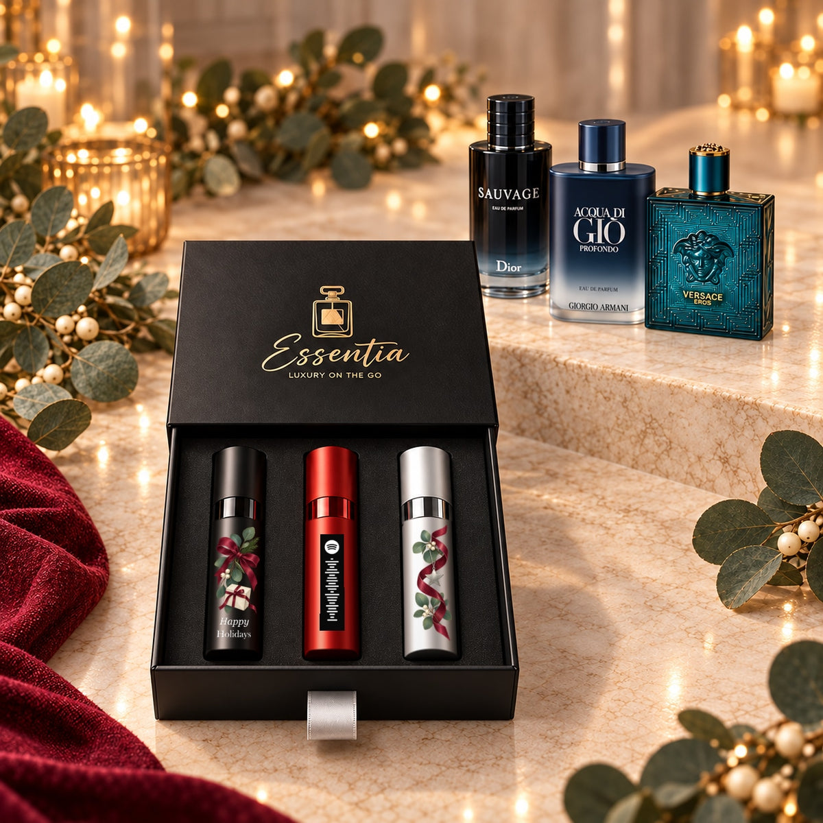 Happy Holidays Fragrance Gift Set for Him — hero. Black, red and silver atomizers with festive artwork in the Essentia gift box.