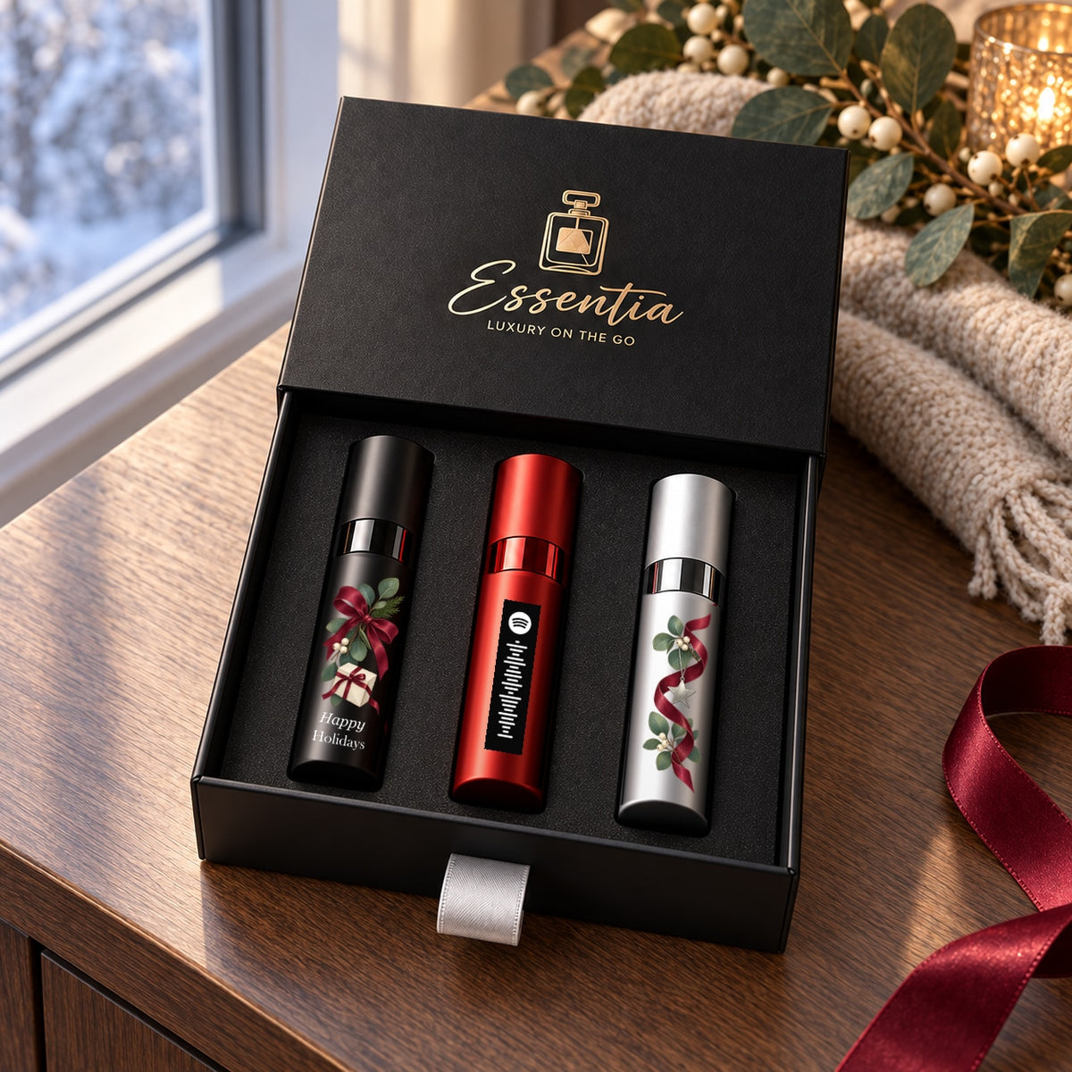 Happy Holidays Fragrance Gift Set for Him — lifestyle. Black, red and silver atomizers with festive artwork in the Essentia gift box.