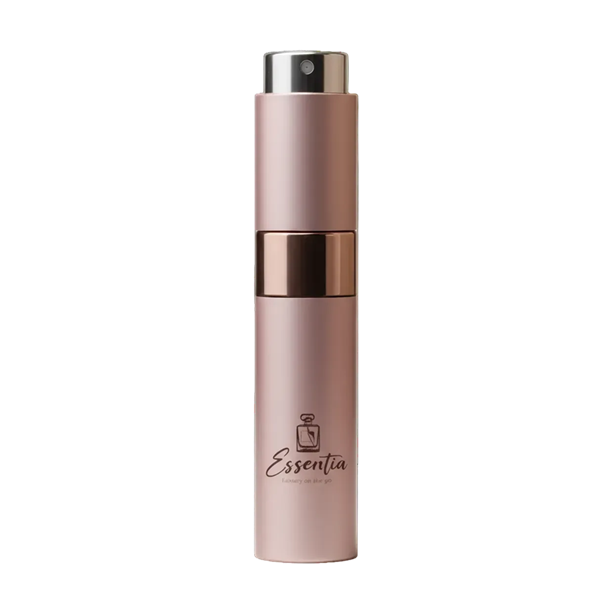 Pink spray bottle with 'Essentia' branding on a white background