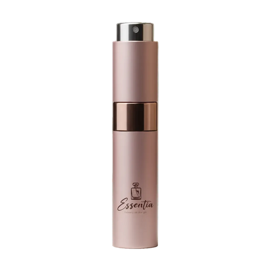Pink spray bottle with 'Essentia' branding on a white background