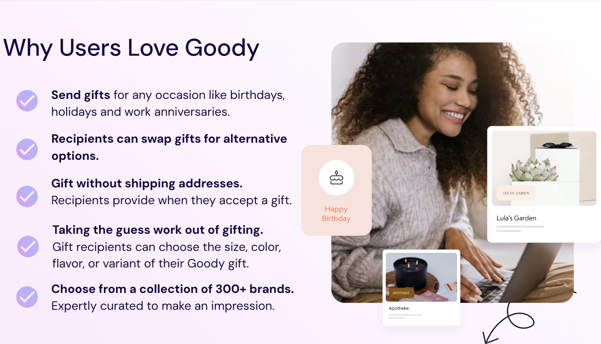 Goody gifting experience with recipient choice and no-address gifting