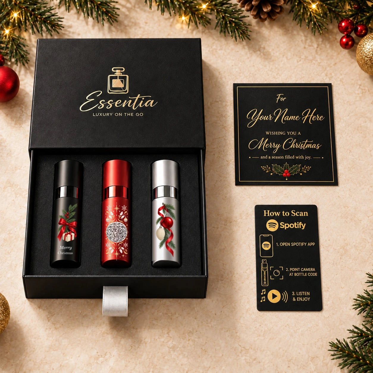 The Christmas gift box with three decorated atomizers, a personalized Christmas greeting card and an instruction card