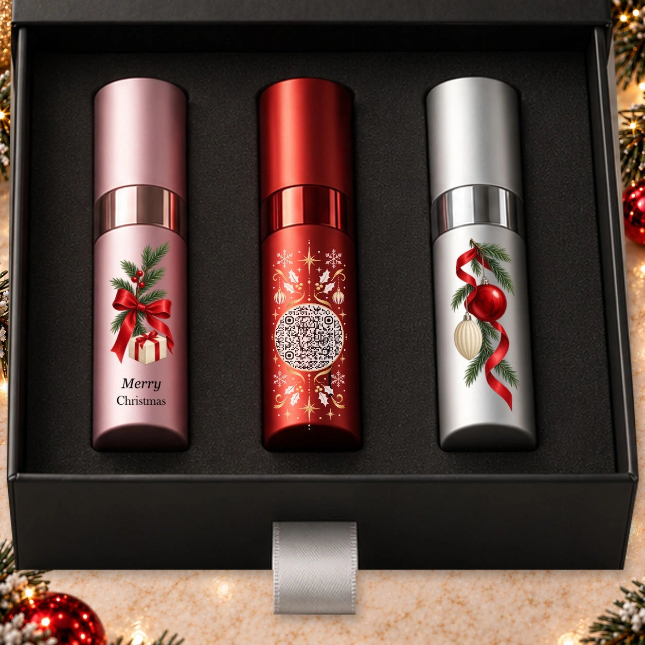 For Her: pink atomizer on the left, red in the center, silver on the right