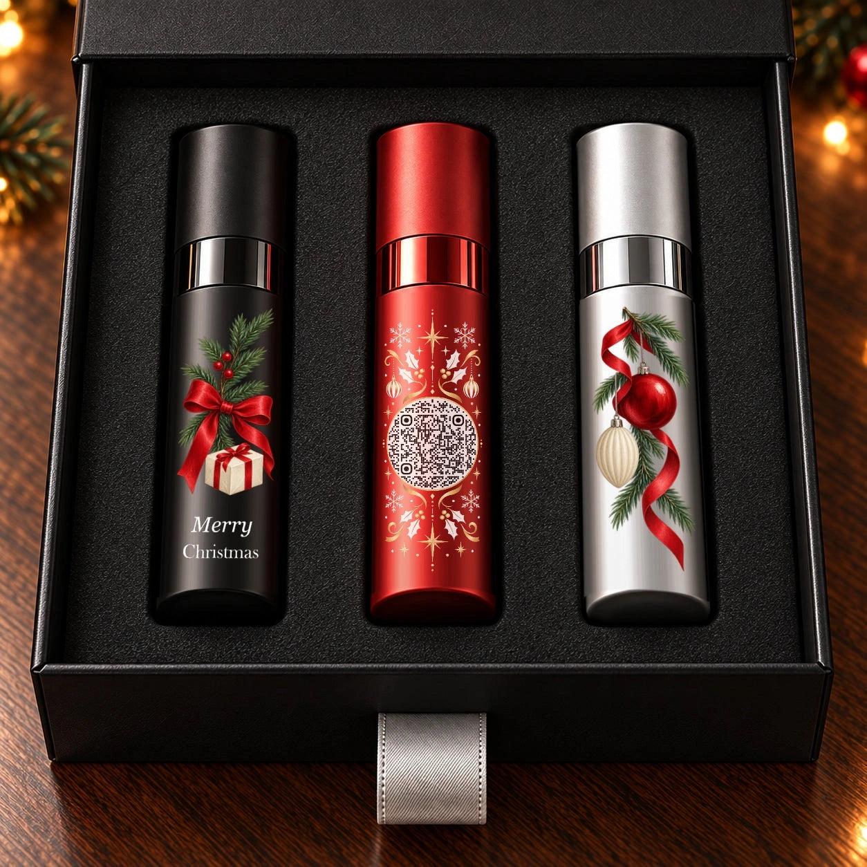 Three Christmas-printed Essentia atomizers in black, red and silver, nestled in the black drawer gift box